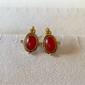 Faux Carnelian Cabochon Antiqued Gold Tone French Wire Earrings